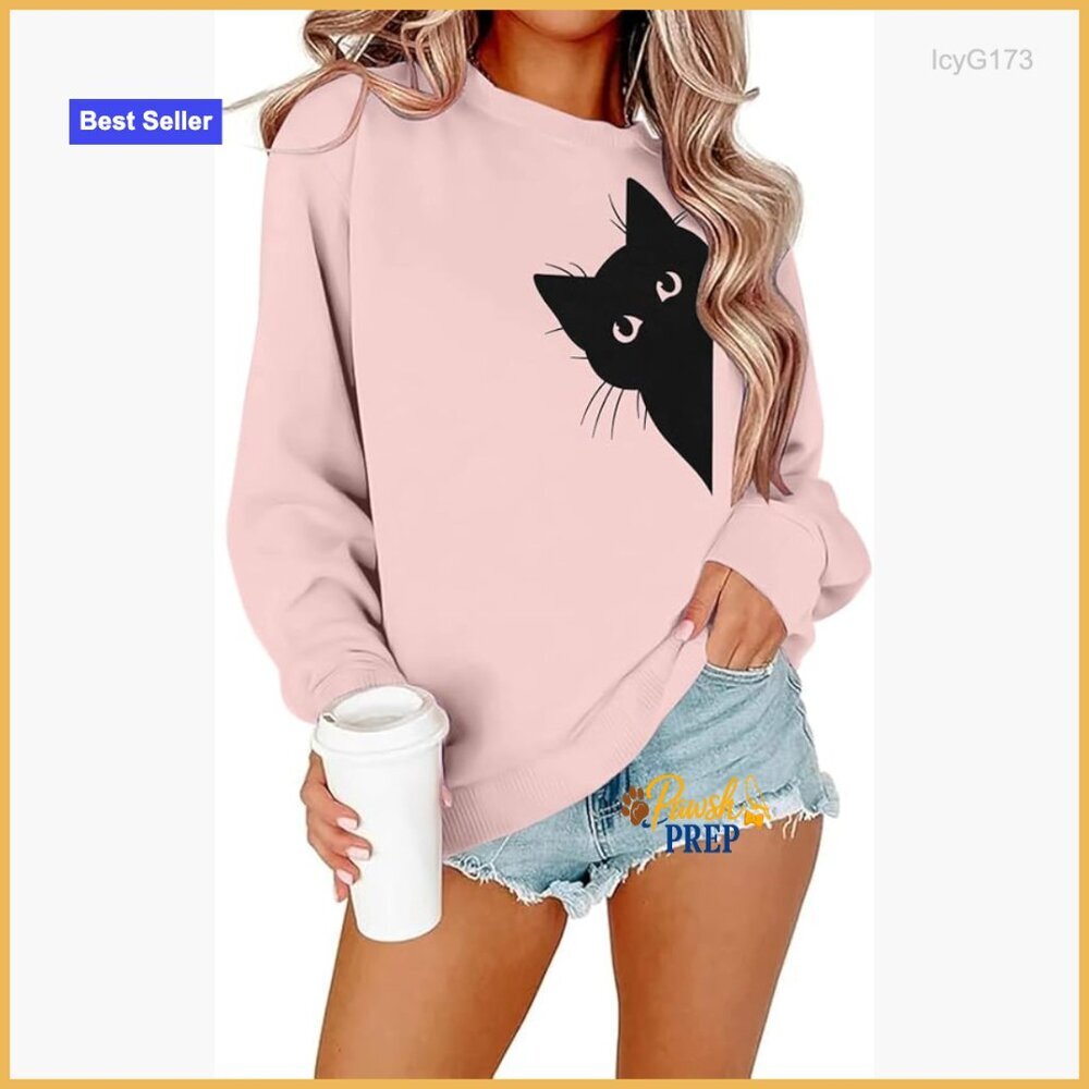 Funny Black Cat Graphic Sweatshirt Long Sleeve Crewneck Pullover Hoodie